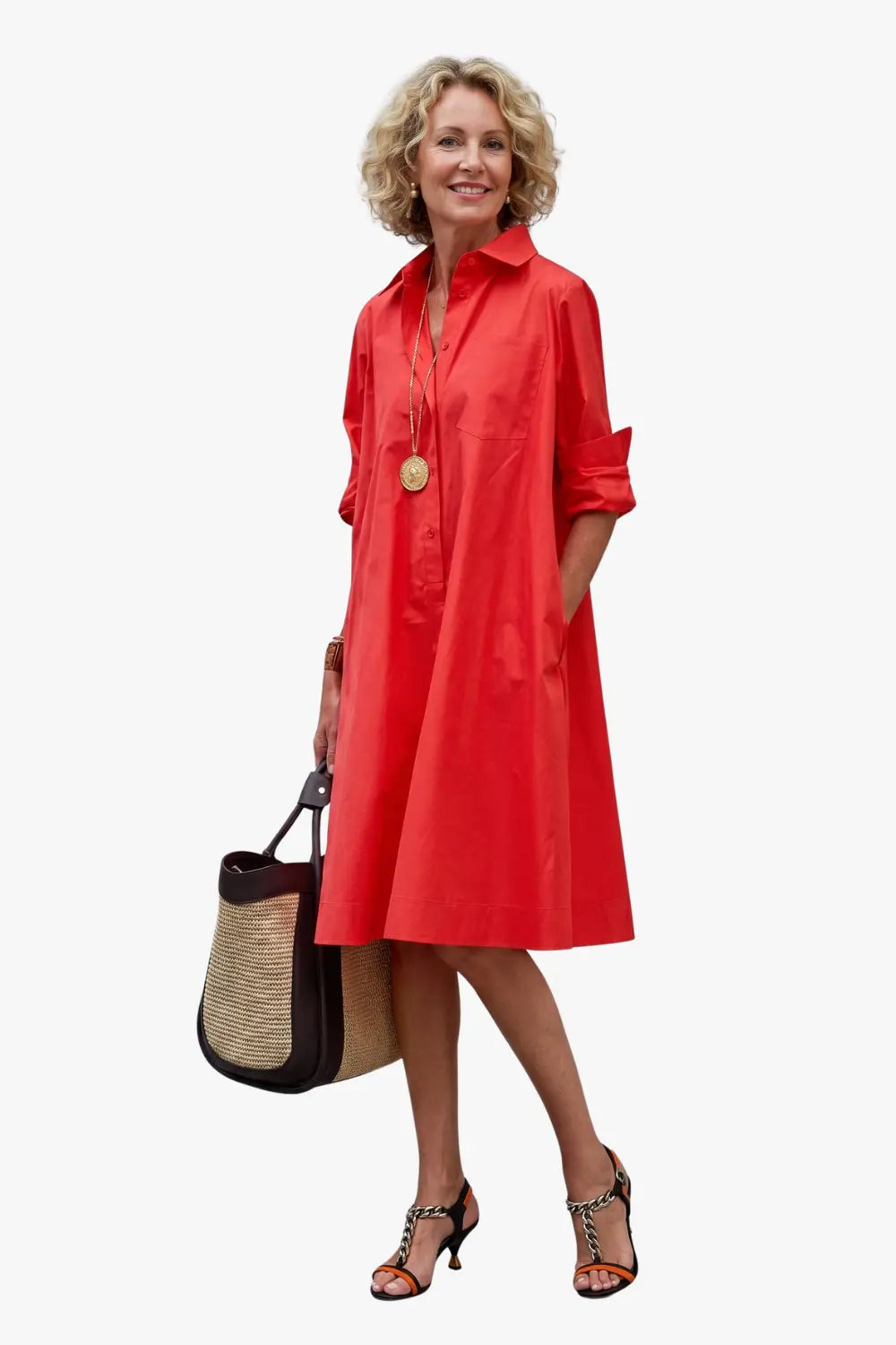 Women's A Line Shirt Midi Dress with Sleeves