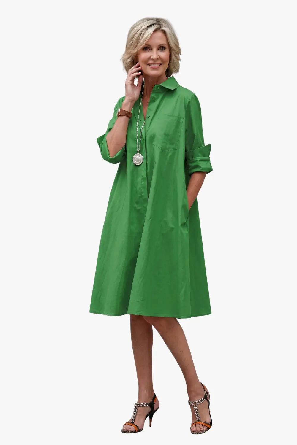 Women's A Line Shirt Midi Dress with Sleeves