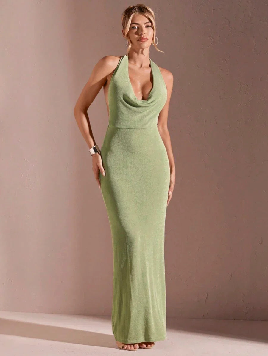 CÉRULEA– Halter Neck Bodycon Maxi Dress