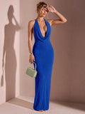 CÉRULEA– Halter Neck Bodycon Maxi Dress Royal Blue