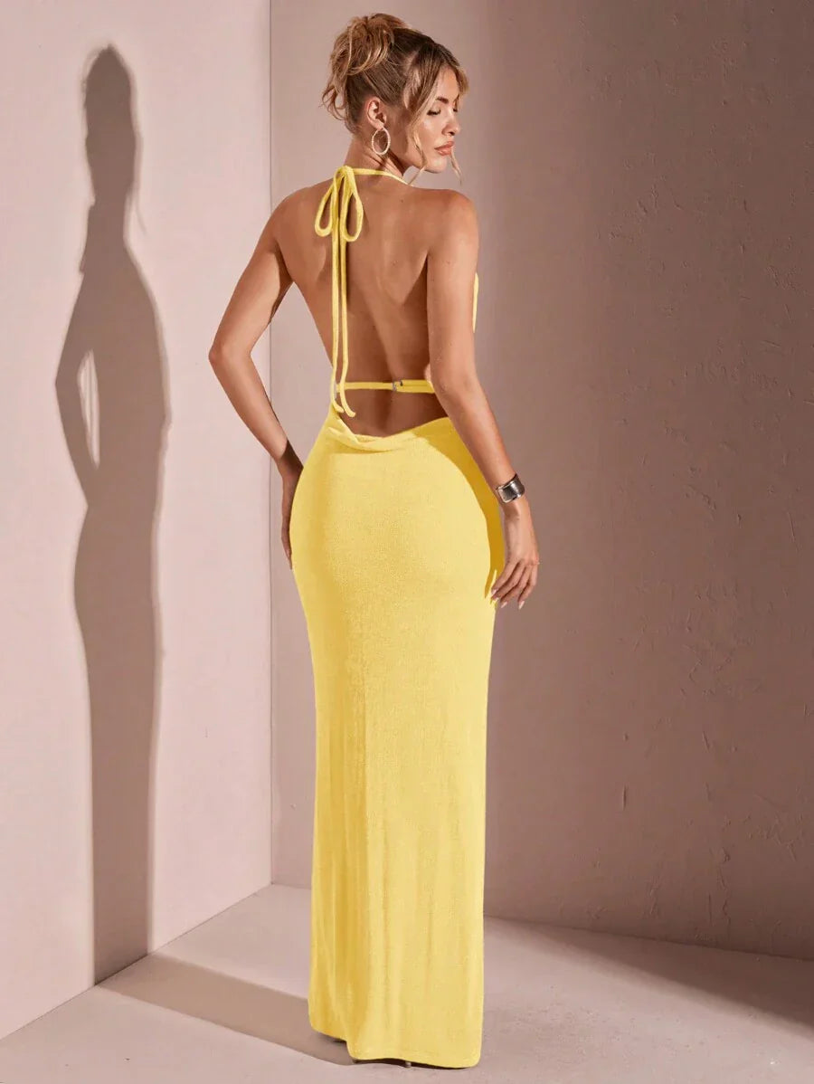 CÉRULEA– Halter Neck Bodycon Maxi Dress