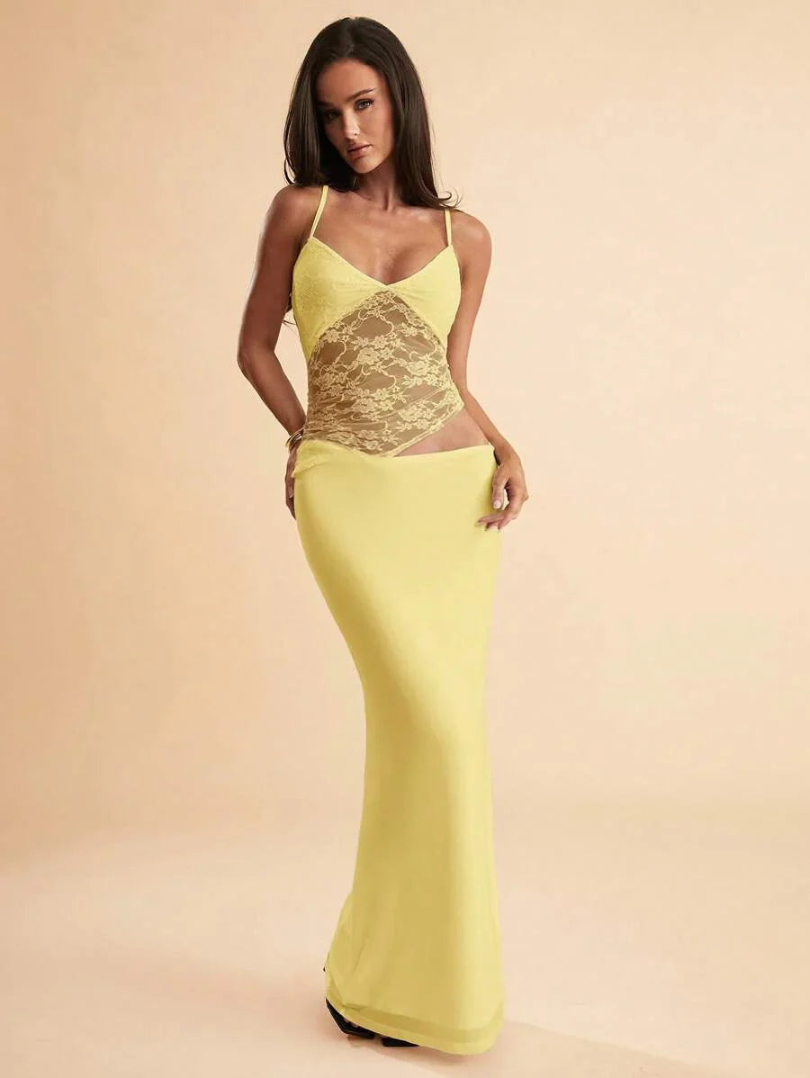 NARILA - Lace Panel Bodycon Maxi Dress Yellow