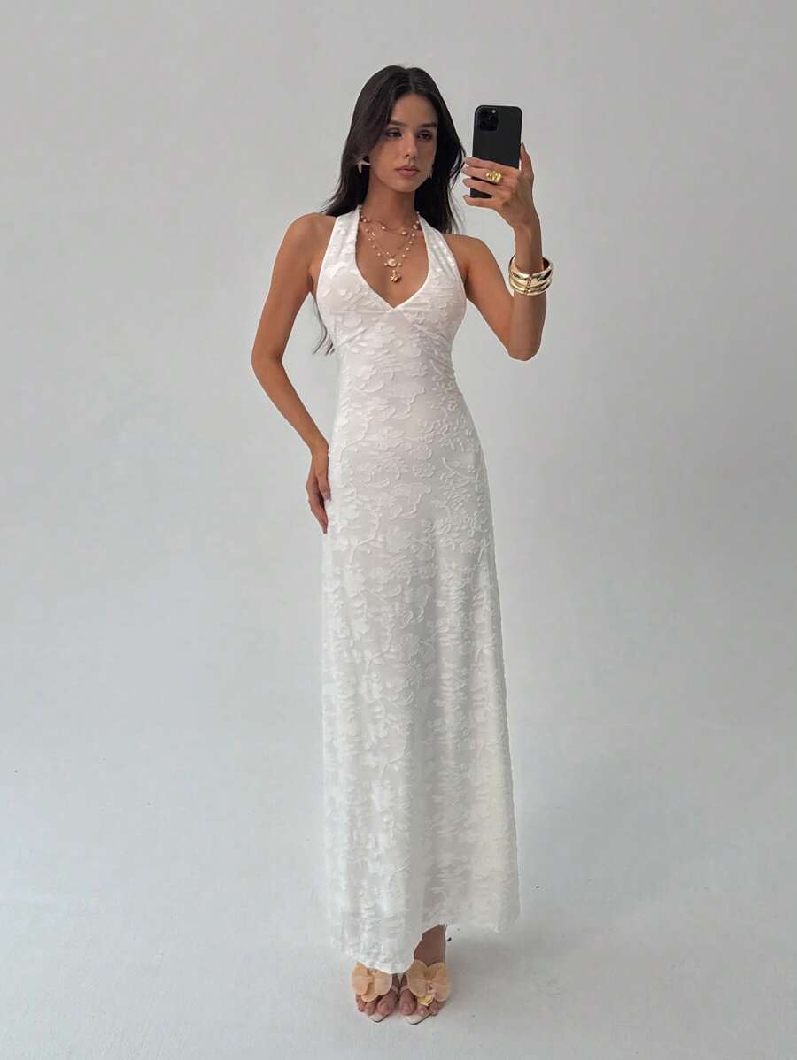 ROUGELLE - Halter Neck Backless Mermaid Maxi Dress