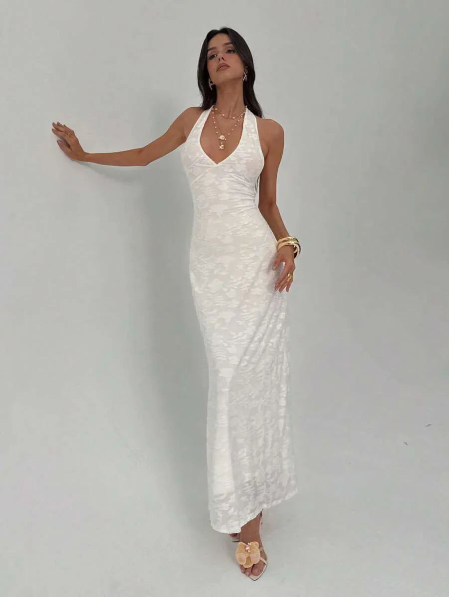 ROUGELLE - Halter Neck Backless Mermaid Maxi Dress