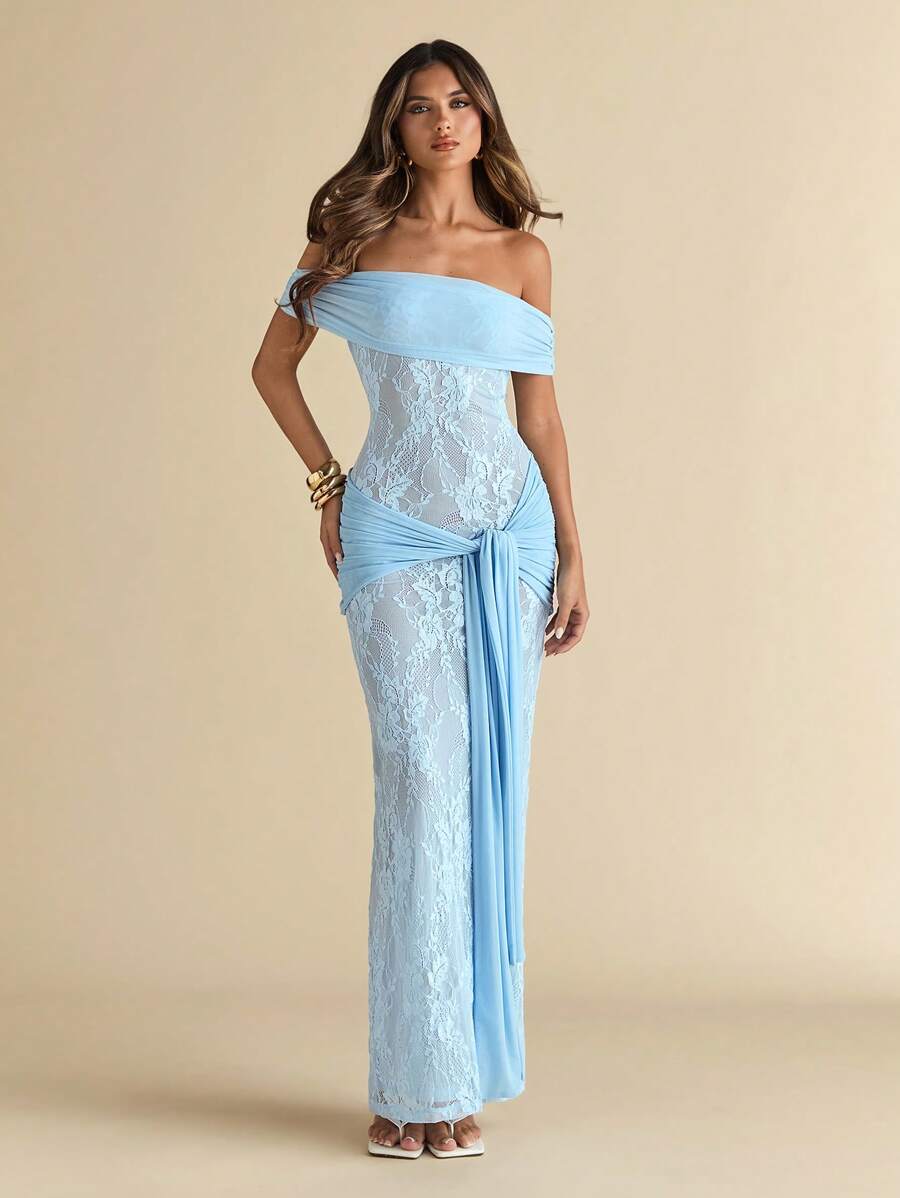AZURÉ LACE – Off-Shoulder Elegance Maxi Dress