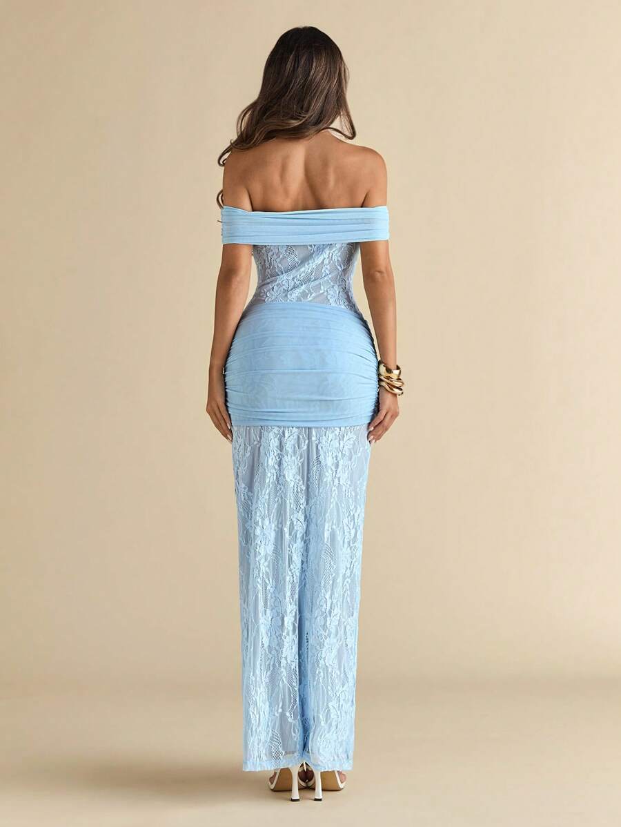 AZURÉ LACE – Off-Shoulder Elegance Maxi Dress