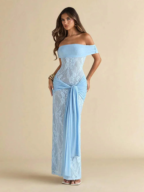 AZURÉ LACE – Off-Shoulder Elegance Maxi Dress