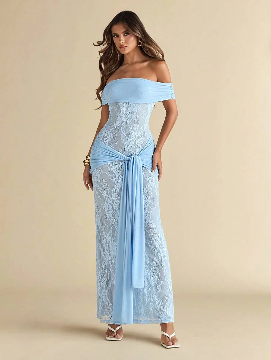 AZURÉ LACE – Off-Shoulder Elegance Maxi Dress