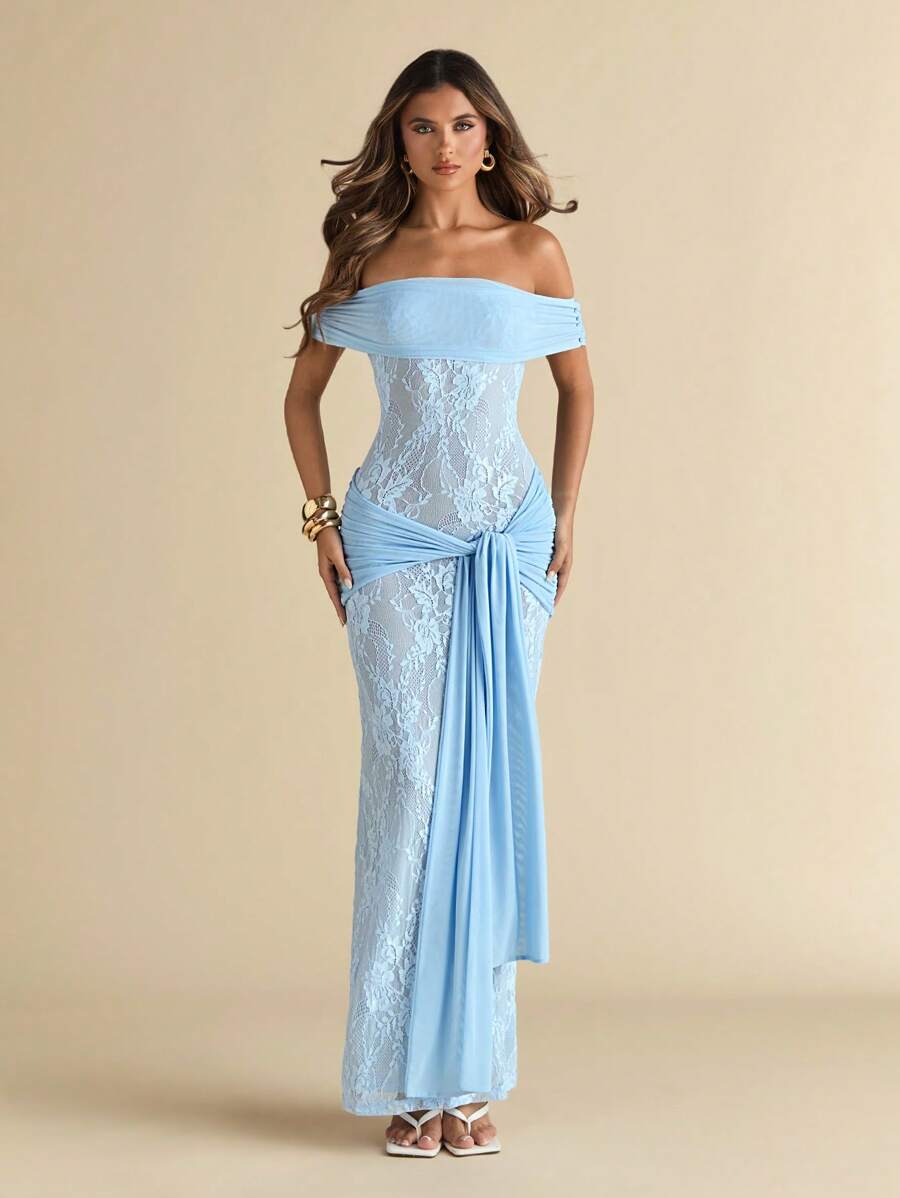AZURÉ LACE – Off-Shoulder Elegance Maxi Dress