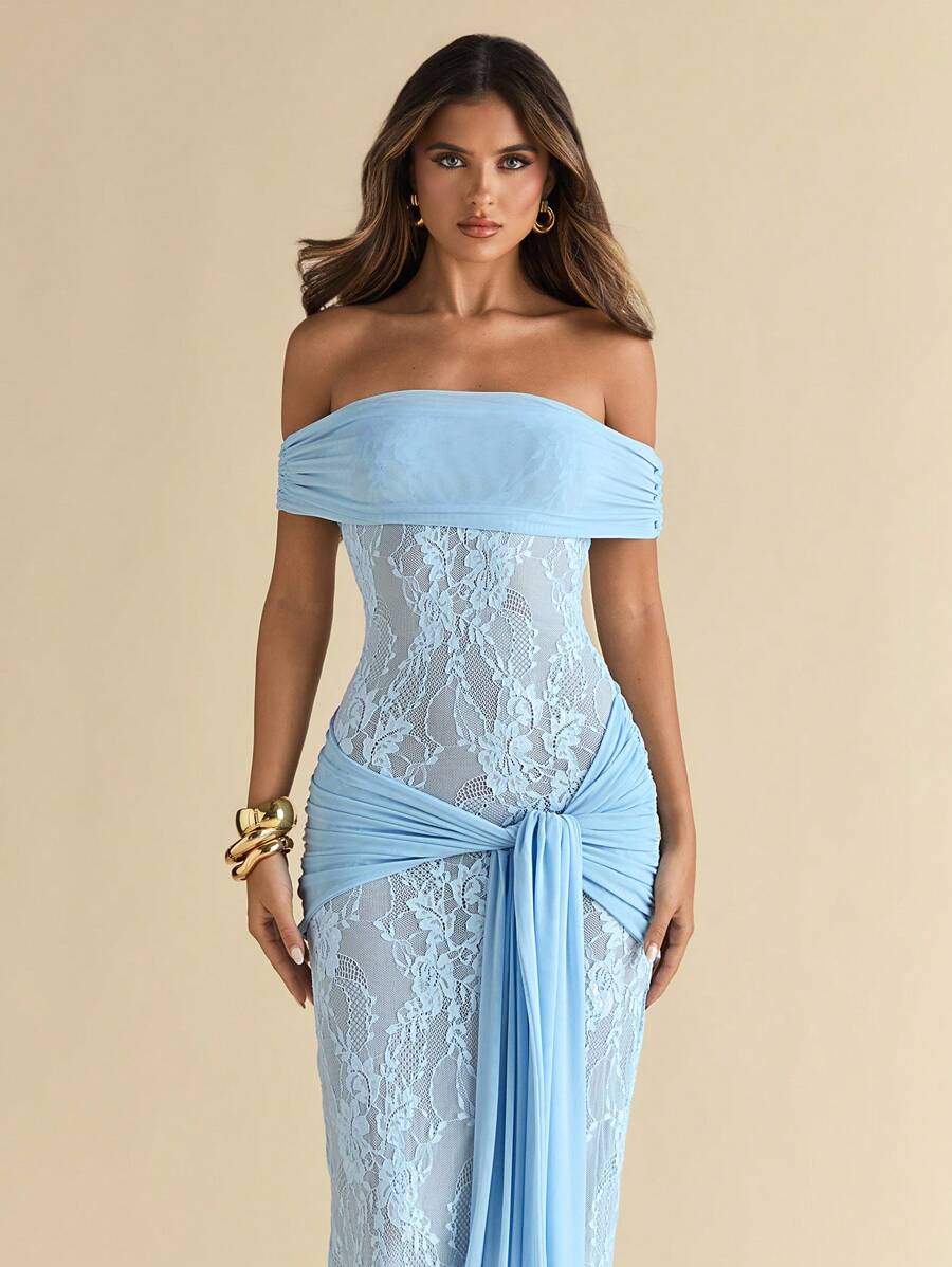 AZURÉ LACE – Off-Shoulder Elegance Maxi Dress