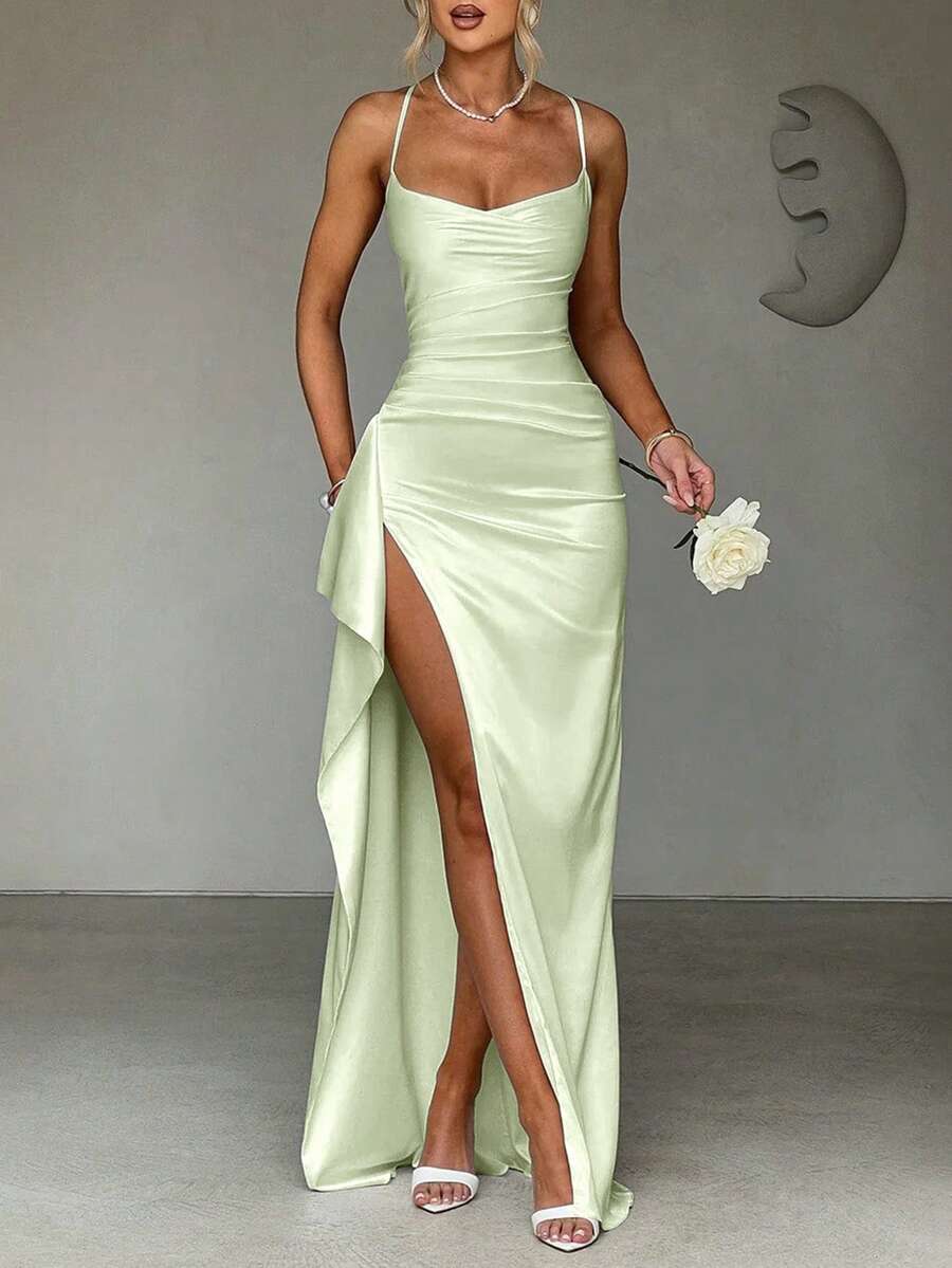 SATINÉ - Spaghetti Strap Satin Maxi Dress Green