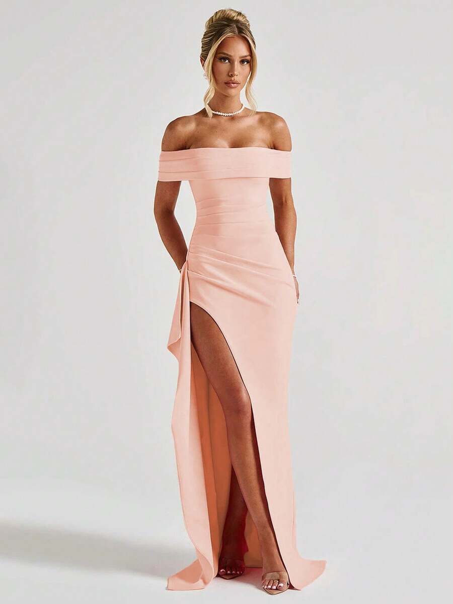 ROSALÉA – Off-Shoulder Bodycon A-Line Maxi Dress with Slit Coral Pink
