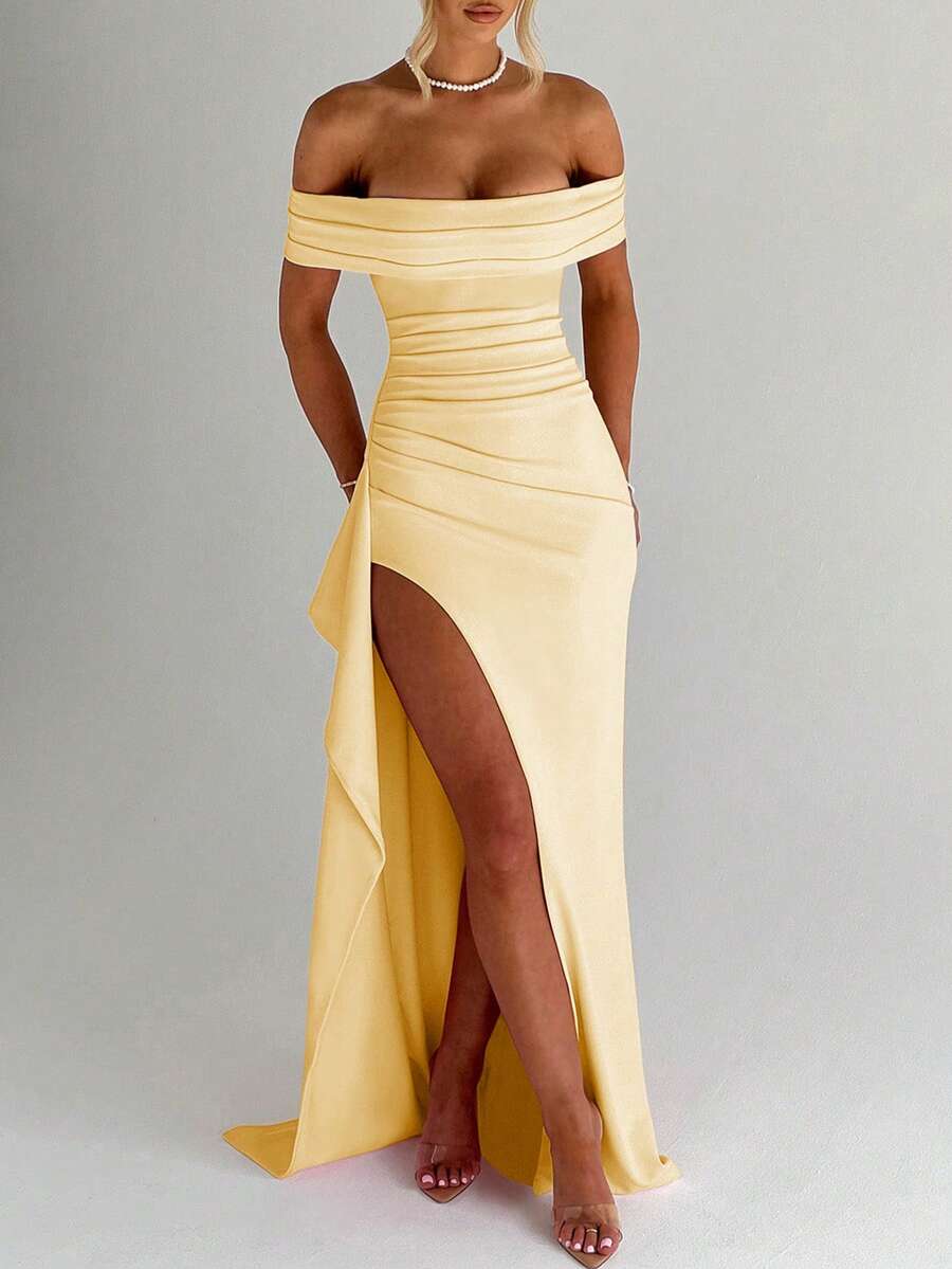 ROSALÉA – Off-Shoulder Bodycon A-Line Maxi Dress with Slit