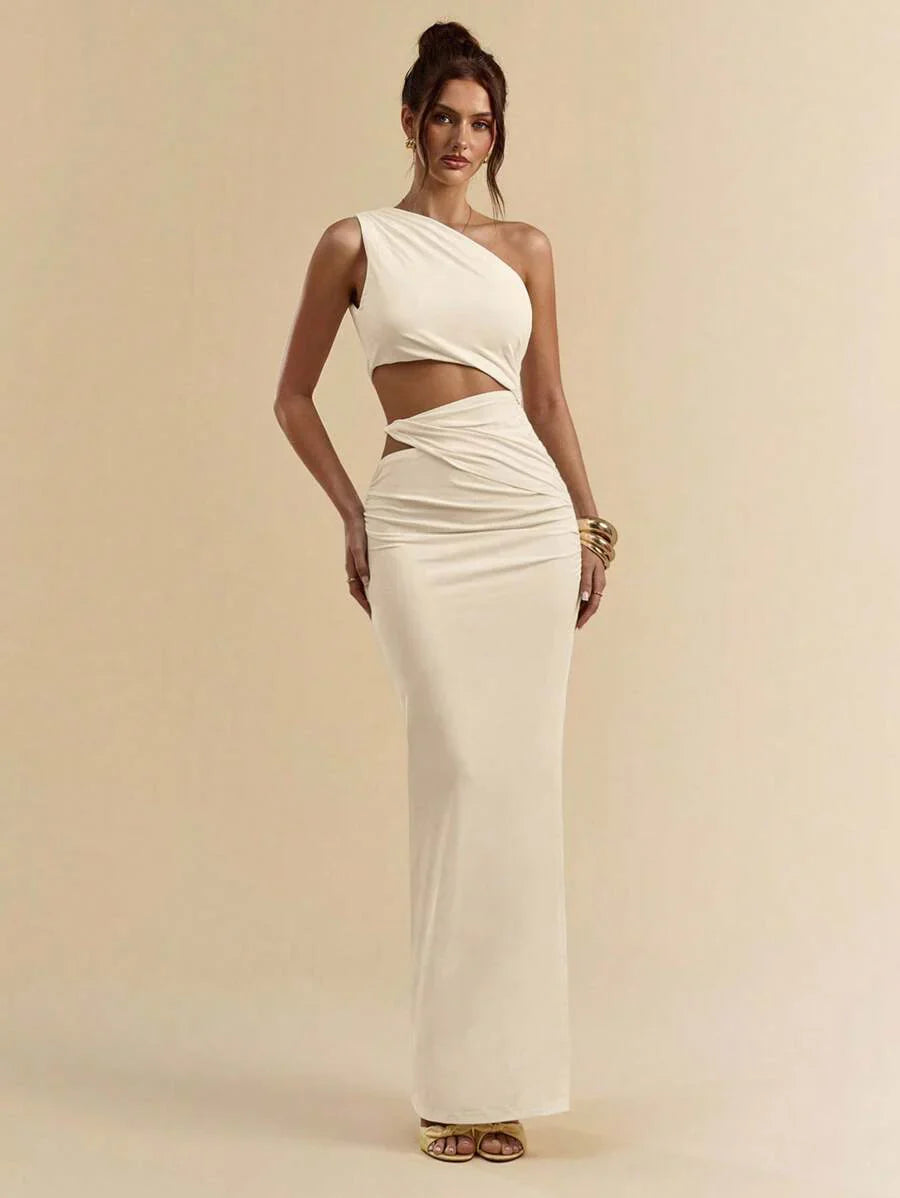 SVELTO - Asymmetric Bodycon Maxi Dress with High Slit Apricot