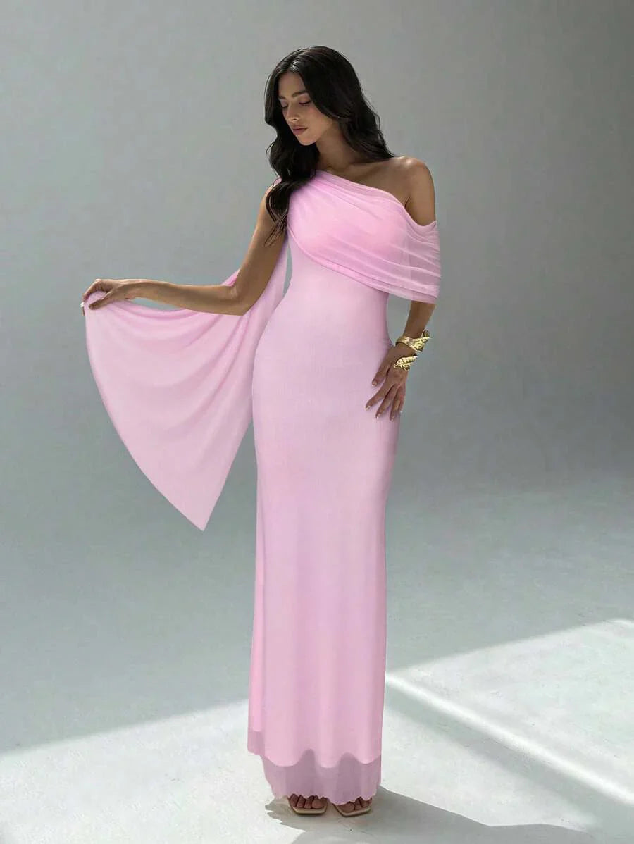 NOIREL - Asymmetric One Shoulder Bodycon Maxi Dress Baby Pink