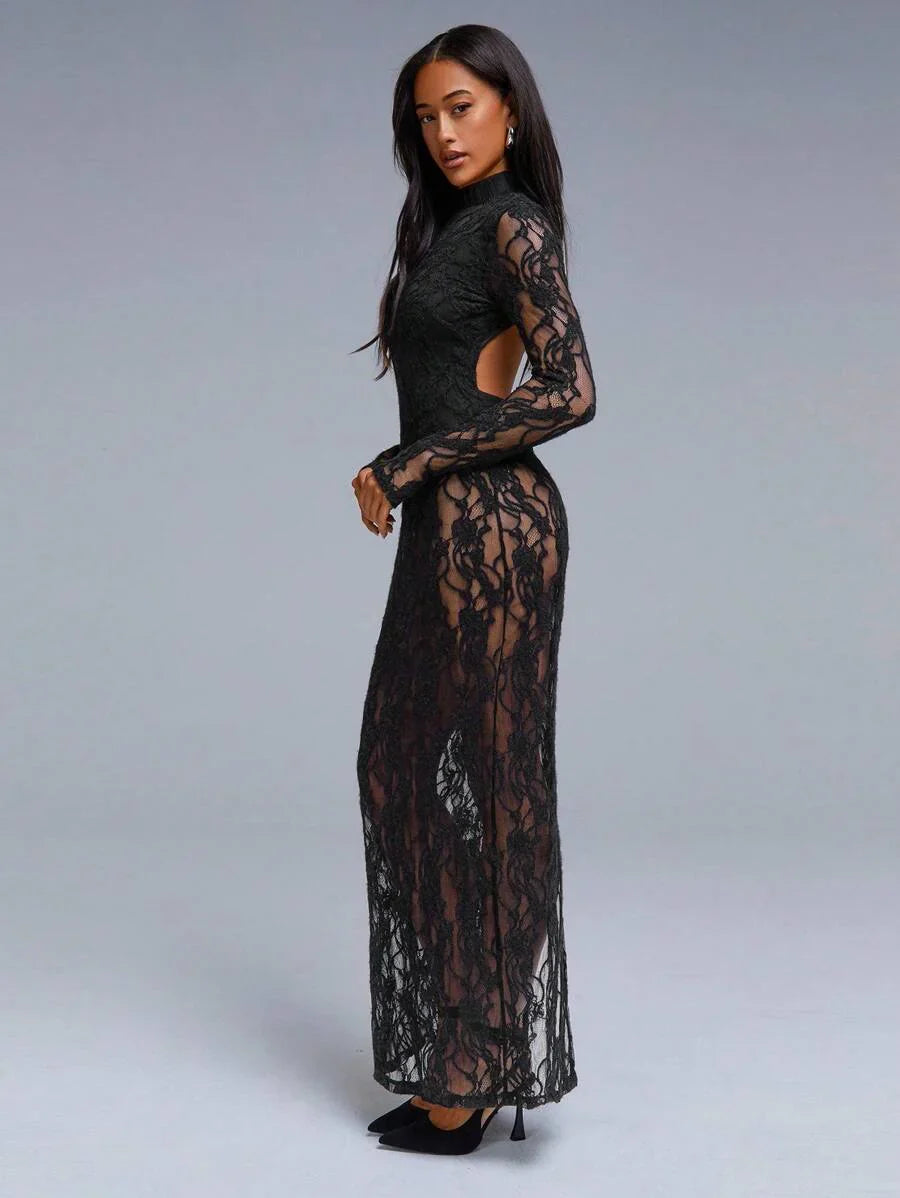 VELIRA - Lace Backless Bodycon Maxi Dress Black