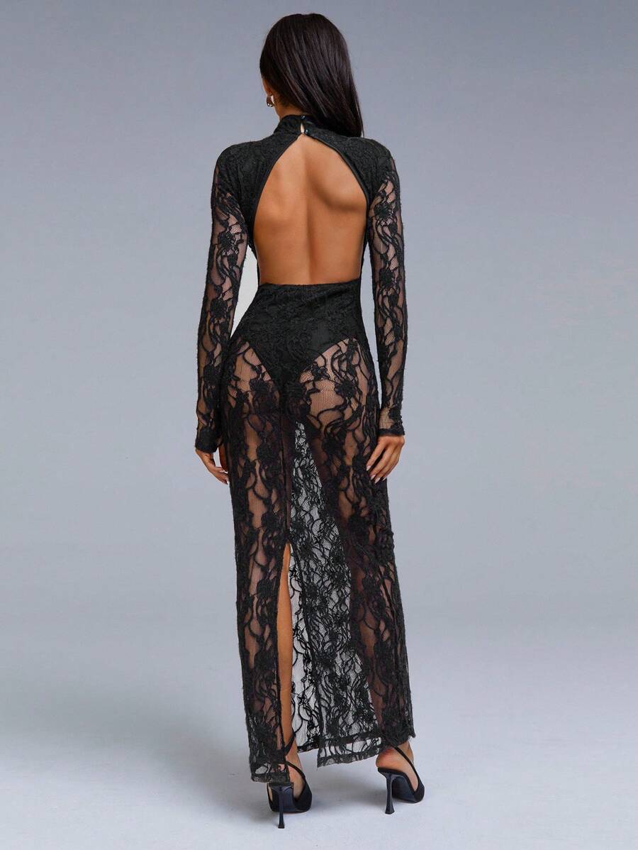 VELIRA - Lace Backless Bodycon Maxi Dress