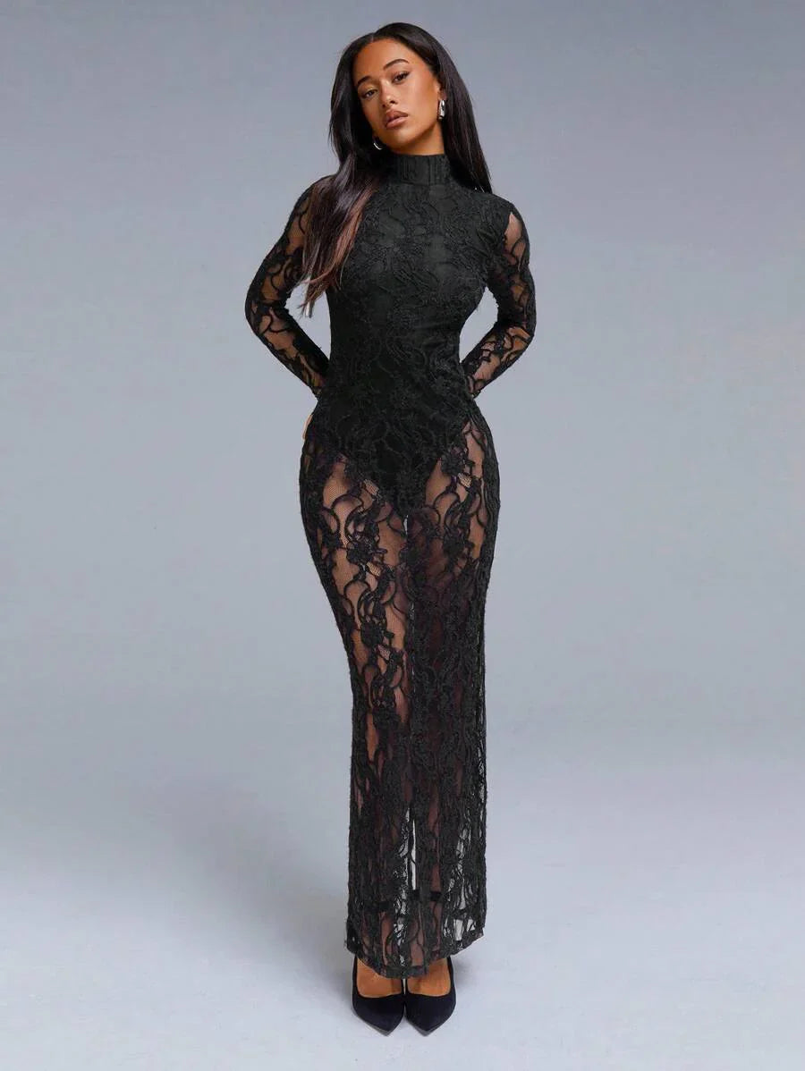 VELIRA - Lace Backless Bodycon Maxi Dress