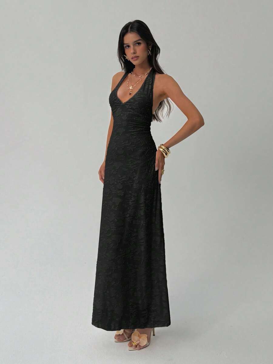 ROUGELLE - Halter Neck Backless Mermaid Maxi Dress
