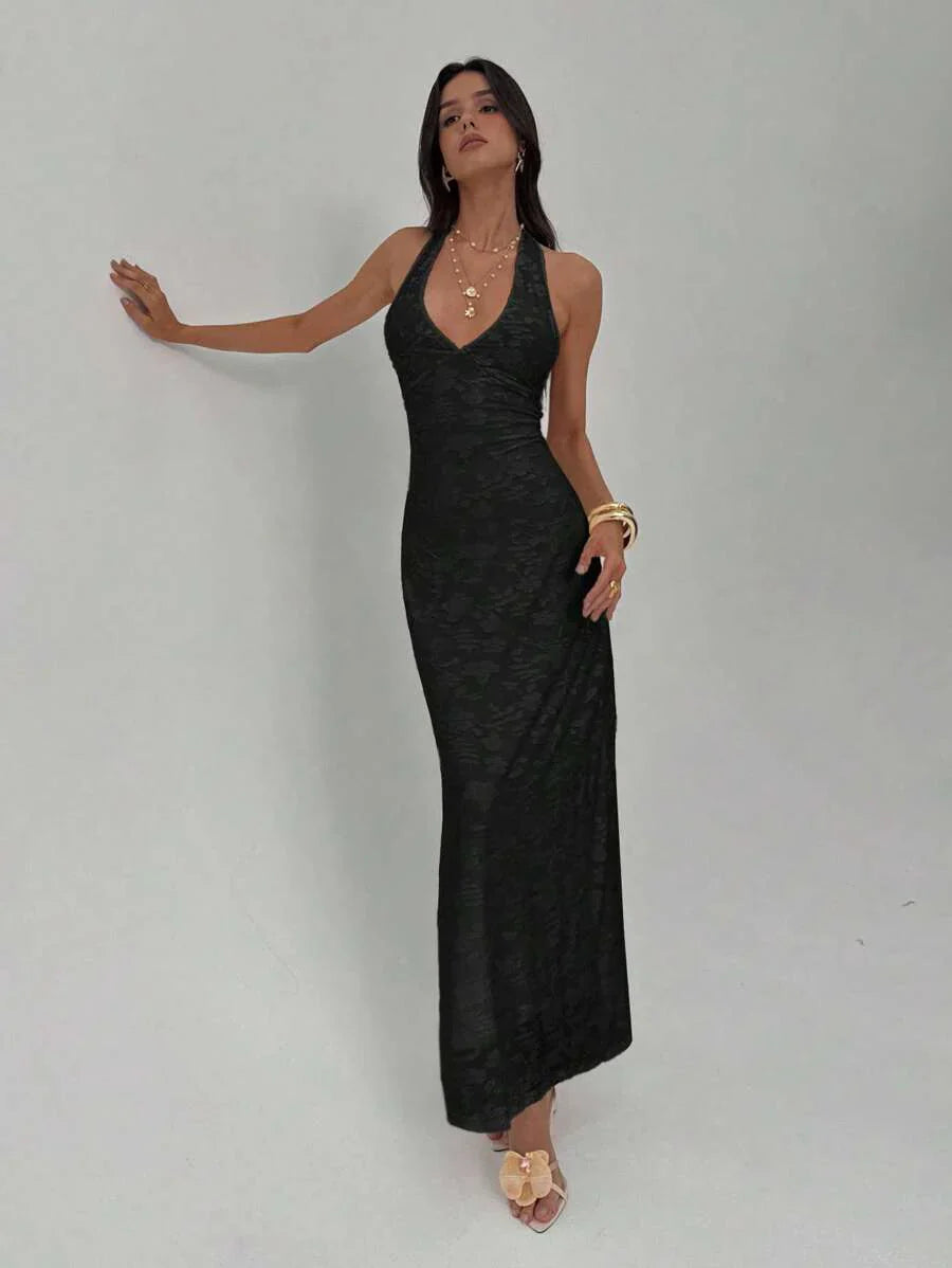ROUGELLE - Halter Neck Backless Mermaid Maxi Dress