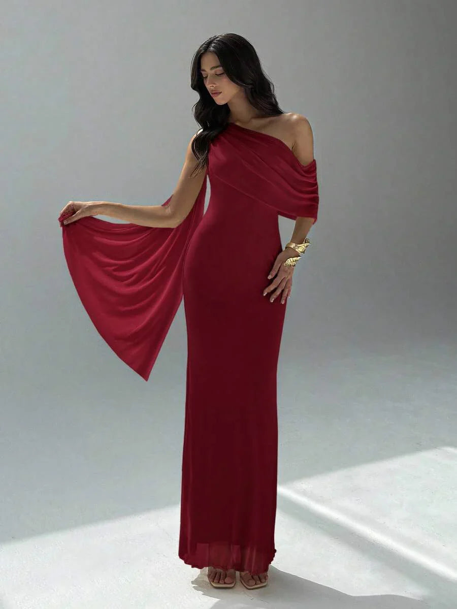 NOIREL - Asymmetric One Shoulder Bodycon Maxi Dress Burgundy