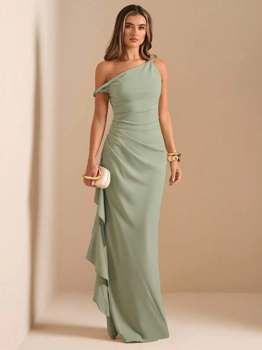 ROUELLE - One Shoulder Ruched Maxi Dress Green