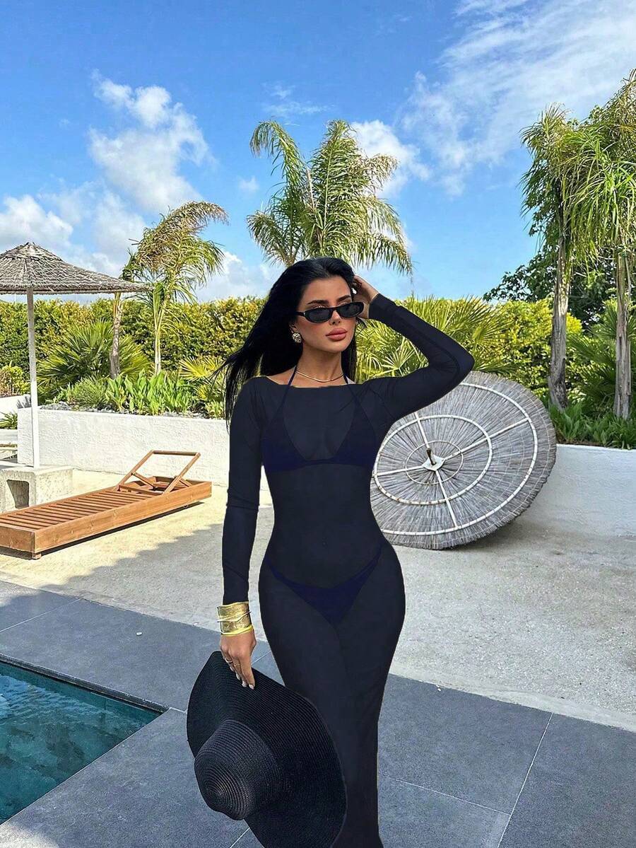BRUMÉE – Sheer Mesh Bodycon Maxi Dress Navy Blue