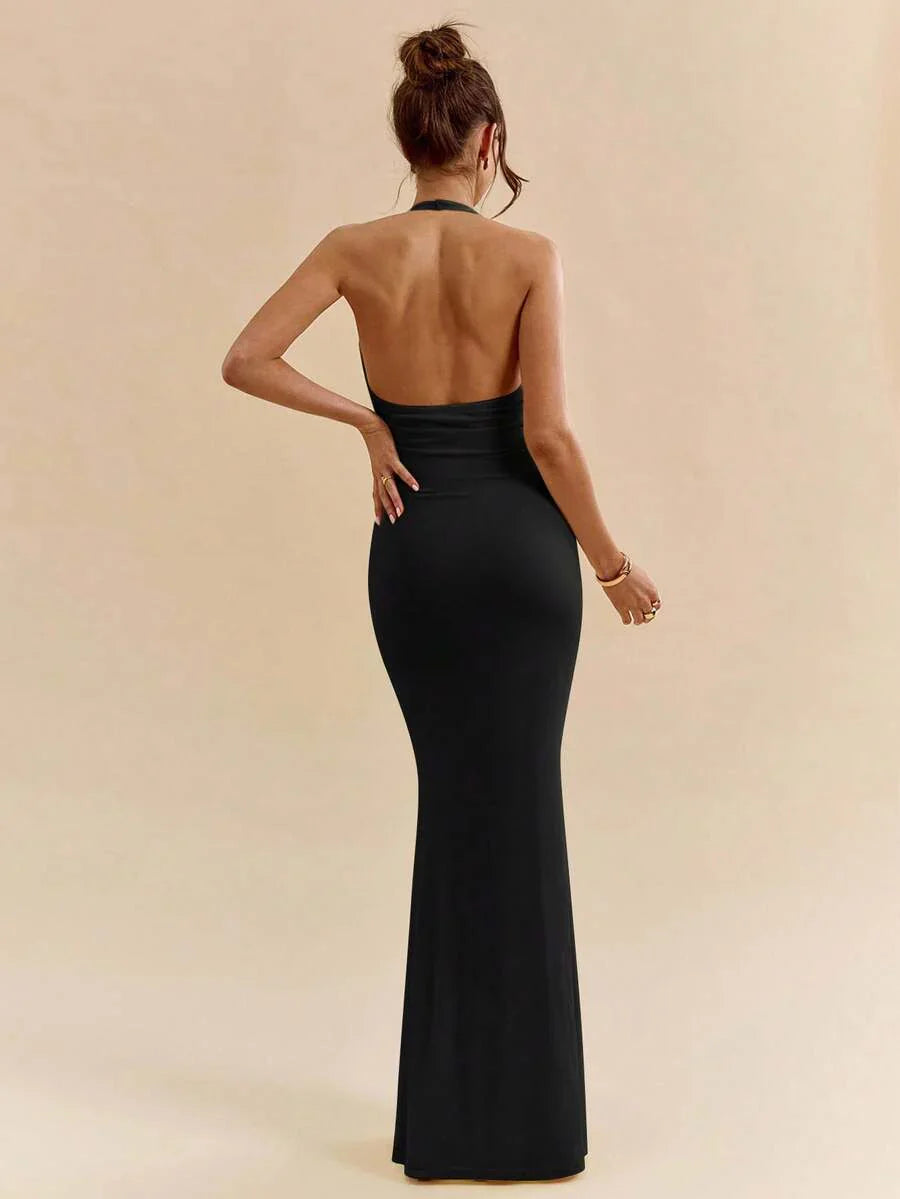 LUMÉA - Deep V Neck Halter Bodycon Maxi Dress