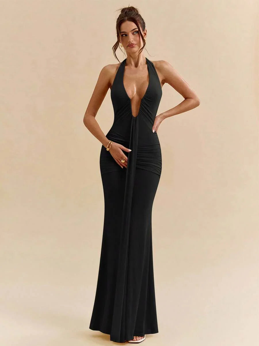 LUMÉA - Deep V Neck Halter Bodycon Maxi Dress