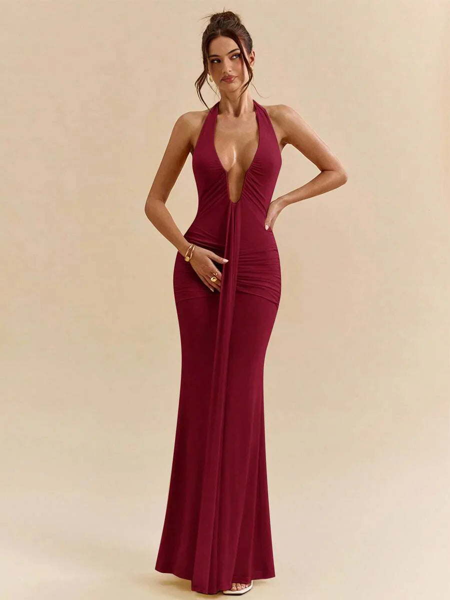LUMÉA - Deep V Neck Halter Bodycon Maxi Dress