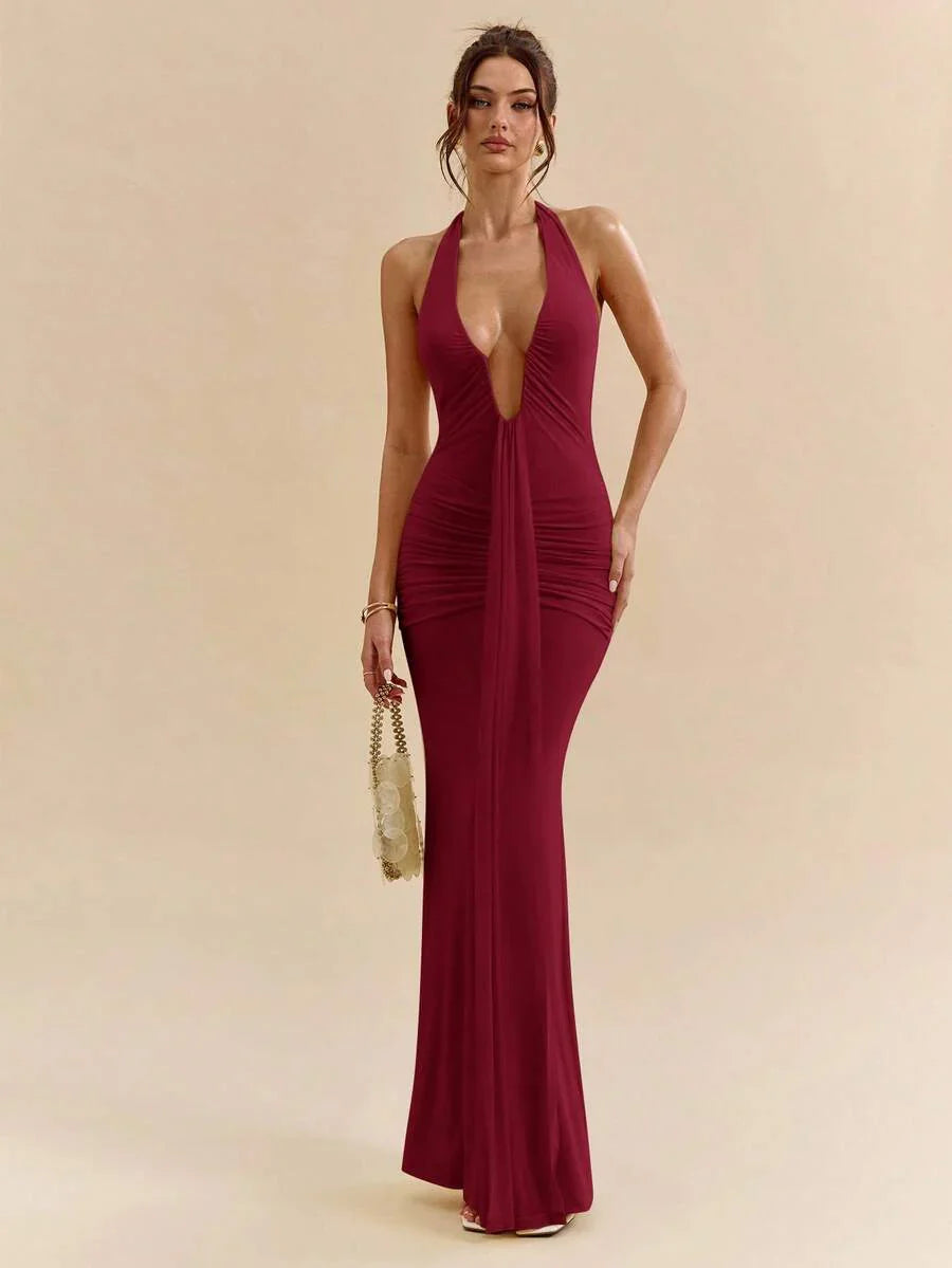 LUMÉA - Deep V Neck Halter Bodycon Maxi Dress