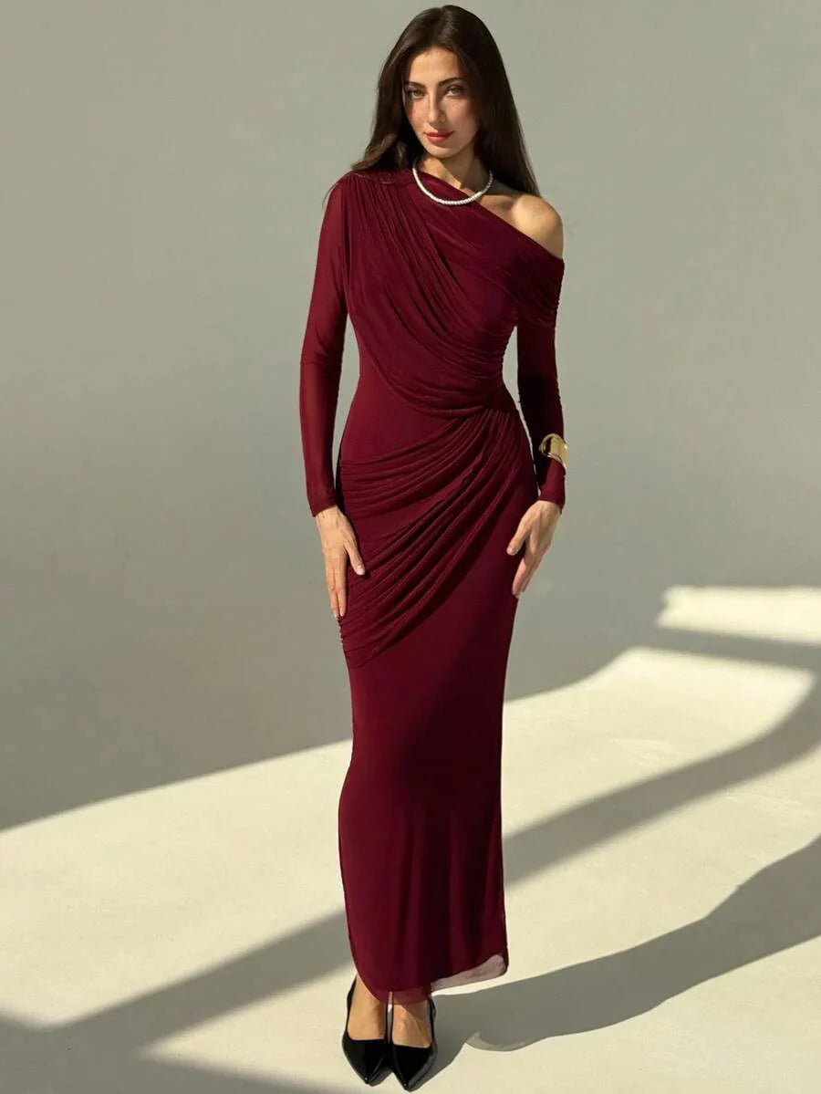 OLVRA - One Shoulder Ruched Mesh Bodycon Maxi Dress Burgundy