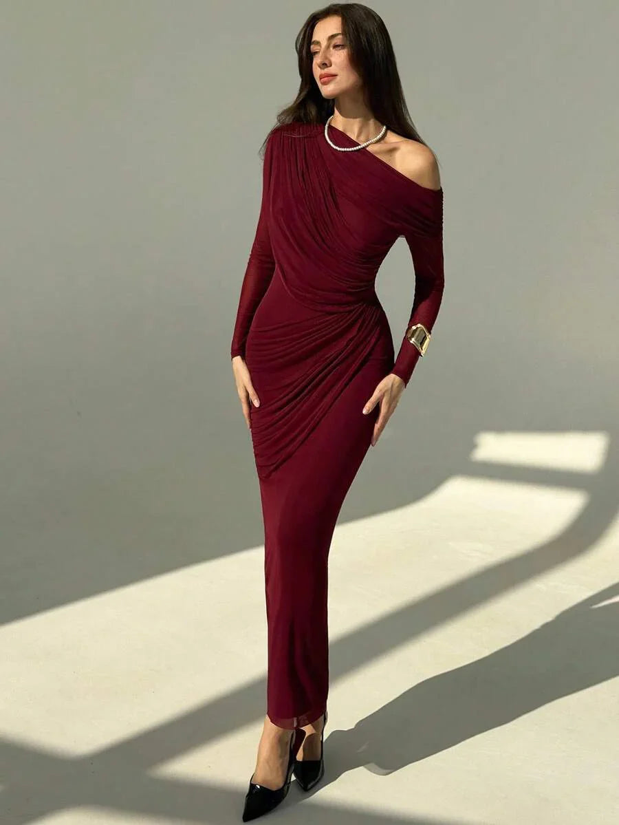 OLVRA - One Shoulder Ruched Mesh Bodycon Maxi Dress