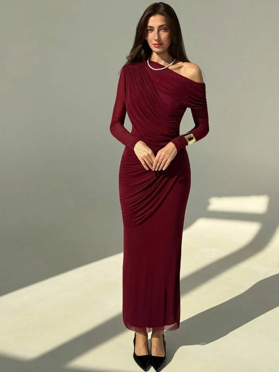 OLVRA - One Shoulder Ruched Mesh Bodycon Maxi Dress