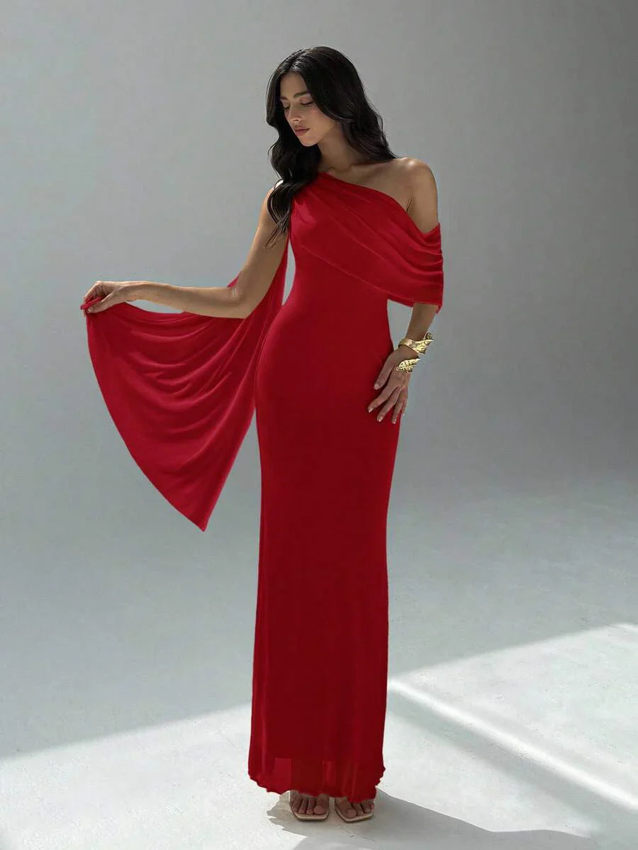 NOIREL - Asymmetric One Shoulder Bodycon Maxi Dress Red