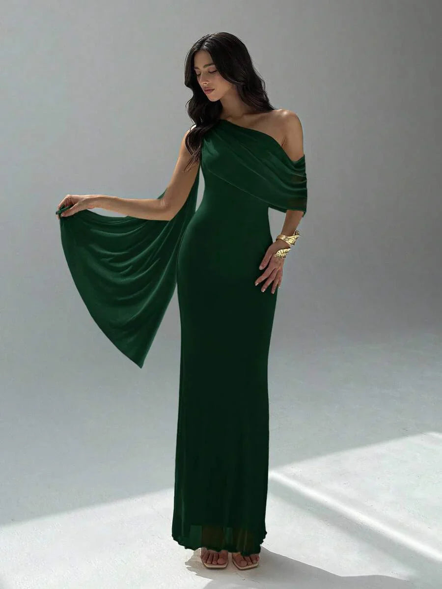 NOIREL - Asymmetric One Shoulder Bodycon Maxi Dress Dark Green