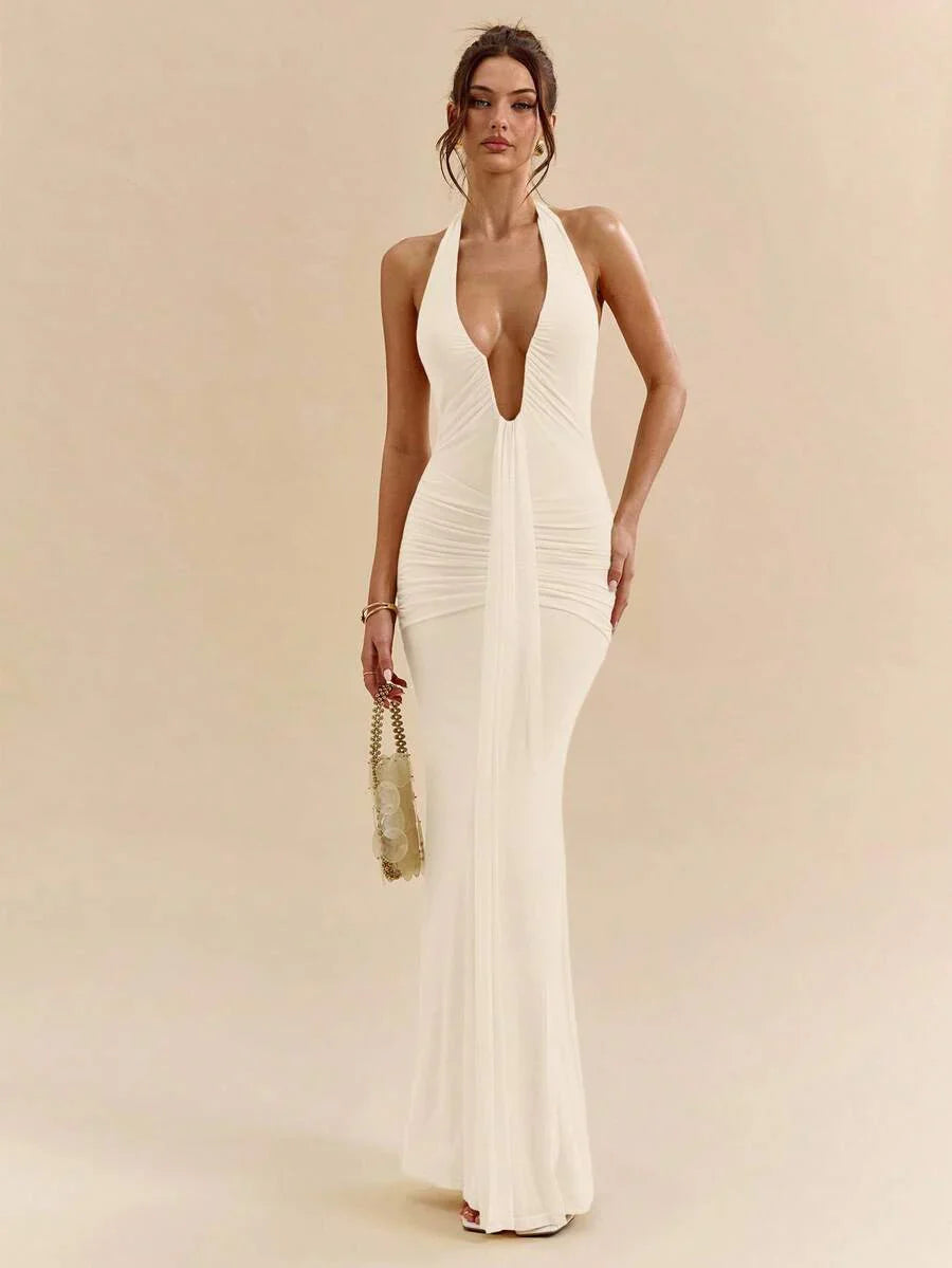 LUMÉA - Deep V Neck Halter Bodycon Maxi Dress