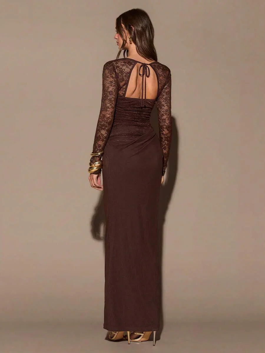 VELUNE - Sweetheart Neck Lace Bodycon Maxi Dress