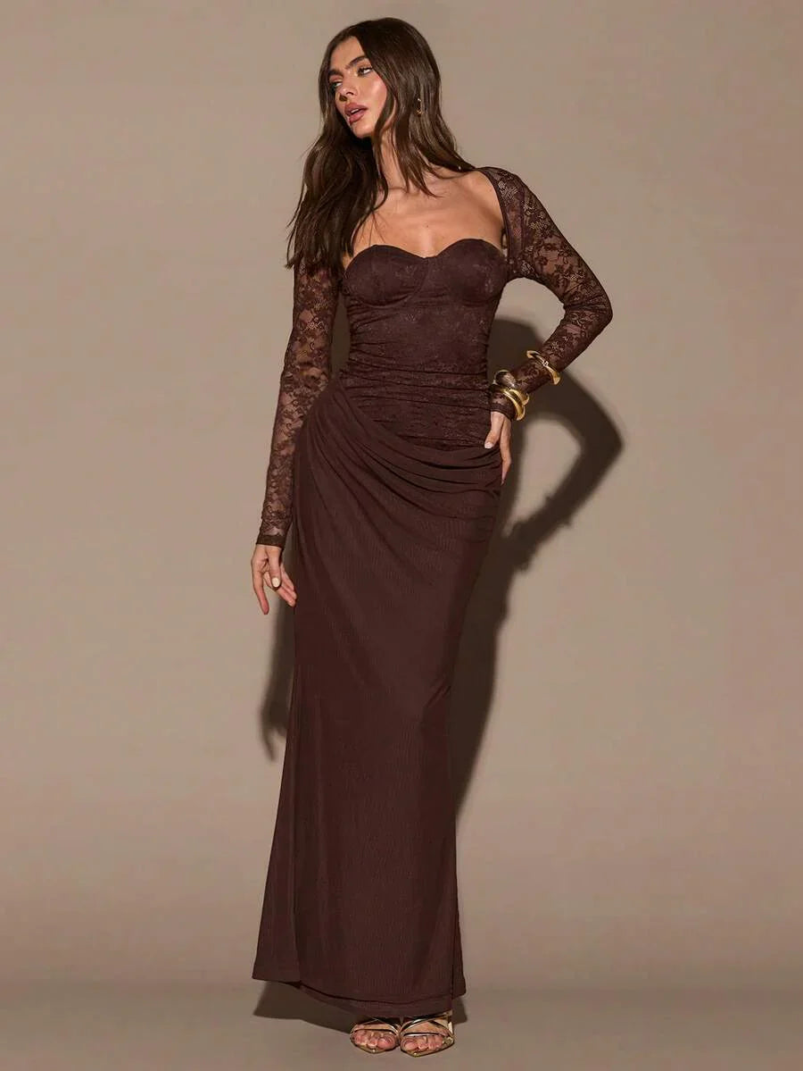 VELUNE - Sweetheart Neck Lace Bodycon Maxi Dress