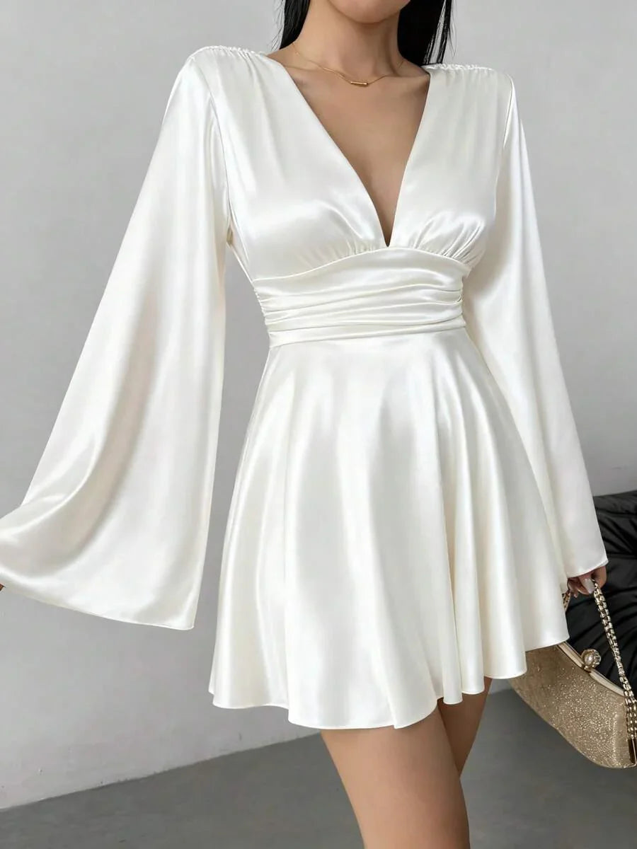 VENULA - Long Sleeve Deep V Neck Mini Dress
