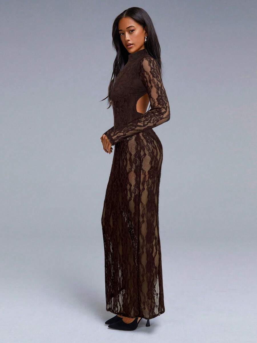 VELIRA - Lace Backless Bodycon Maxi Dress Coffee Brown