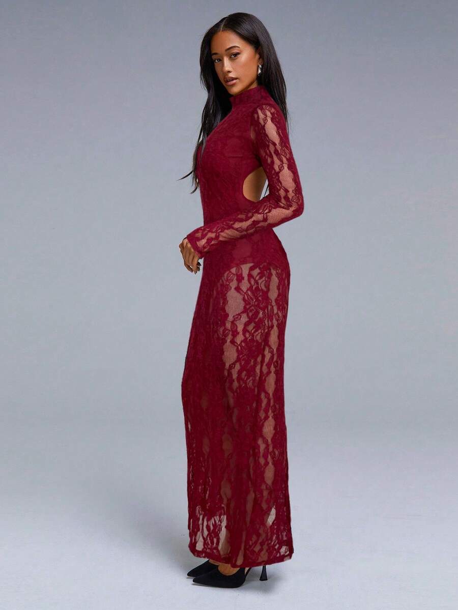 VELIRA - Lace Backless Bodycon Maxi Dress Burgundy