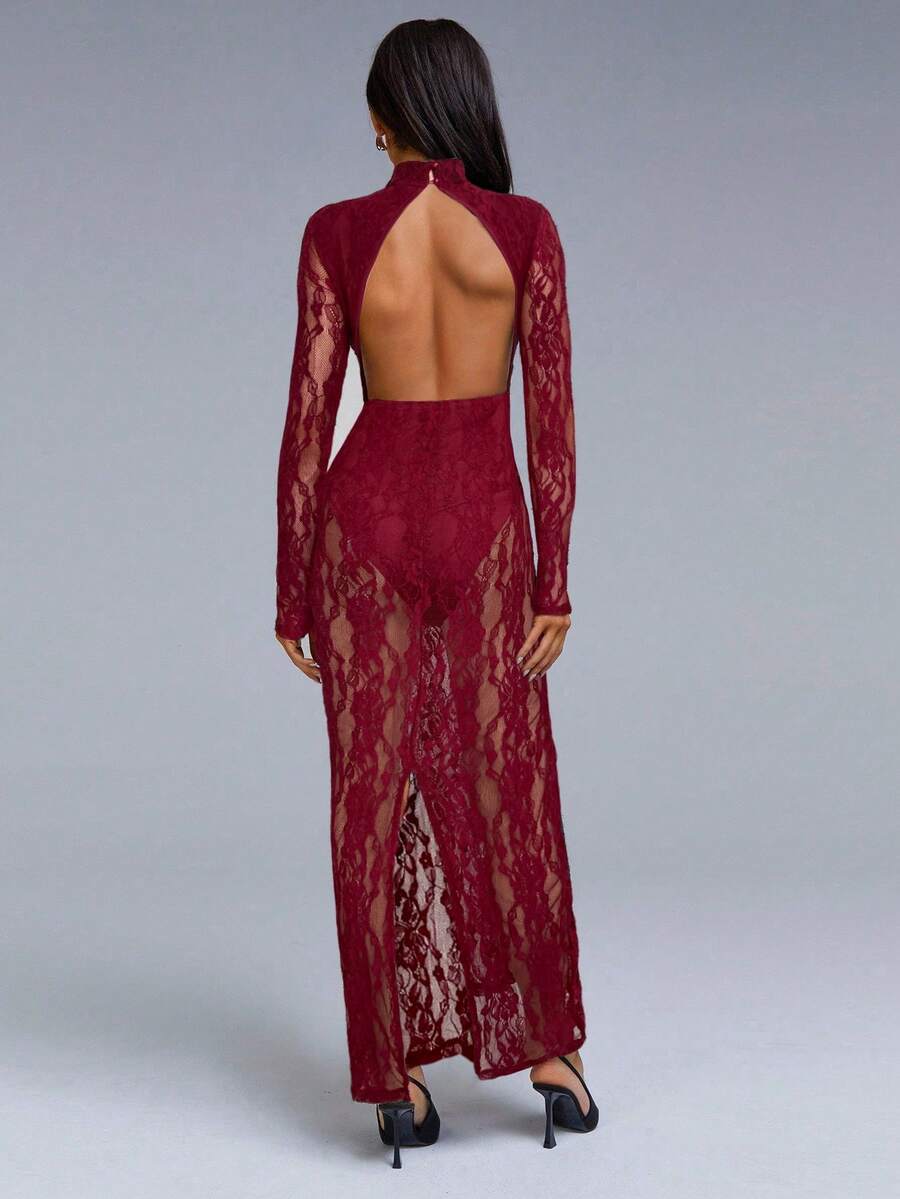 VELIRA - Lace Backless Bodycon Maxi Dress