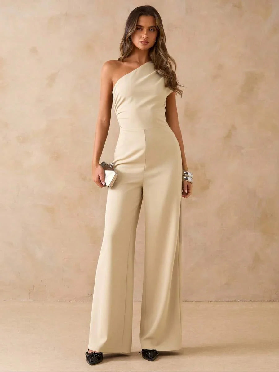 NORI - Asymmetrical One Shoulder Wide Leg Jumpsuit maxi dress Apricot