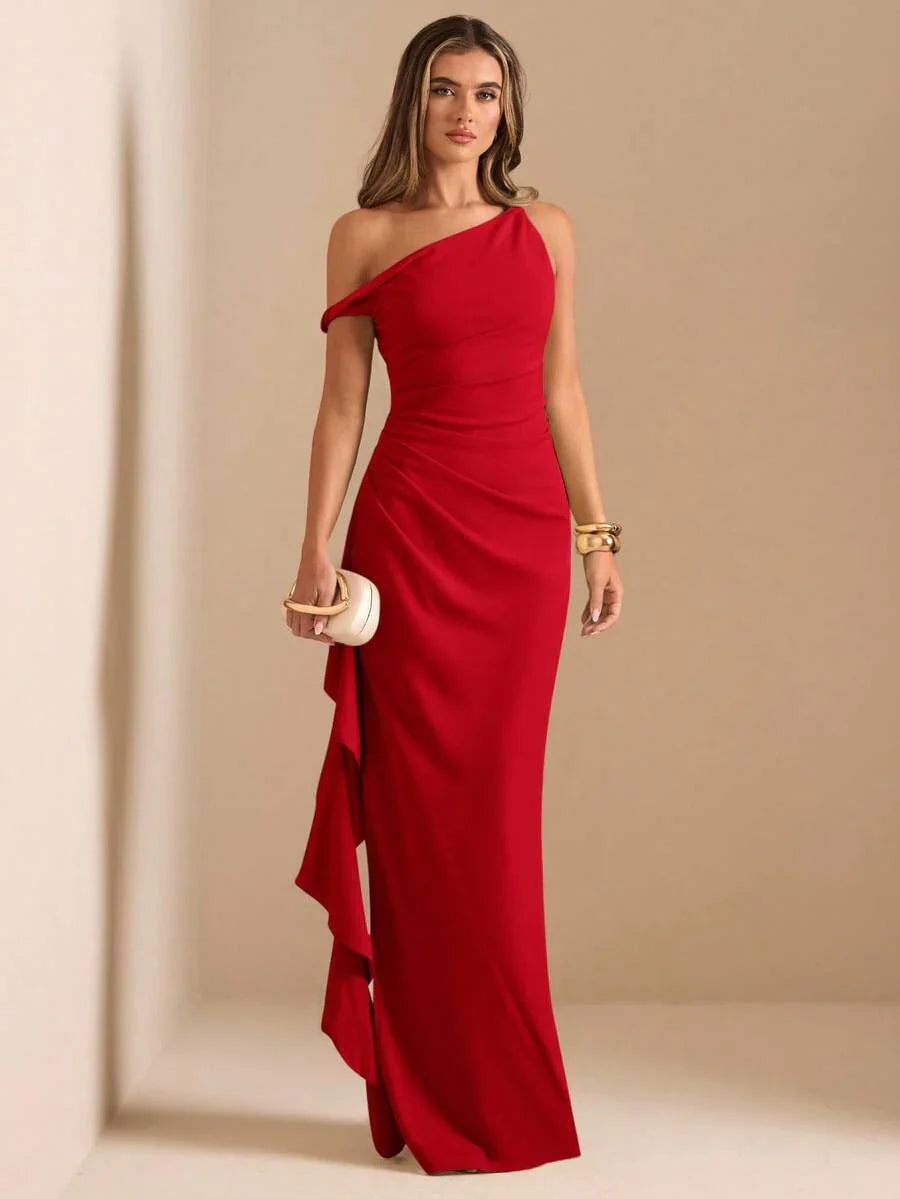 ROUELLE - One Shoulder Ruched Maxi Dress Red