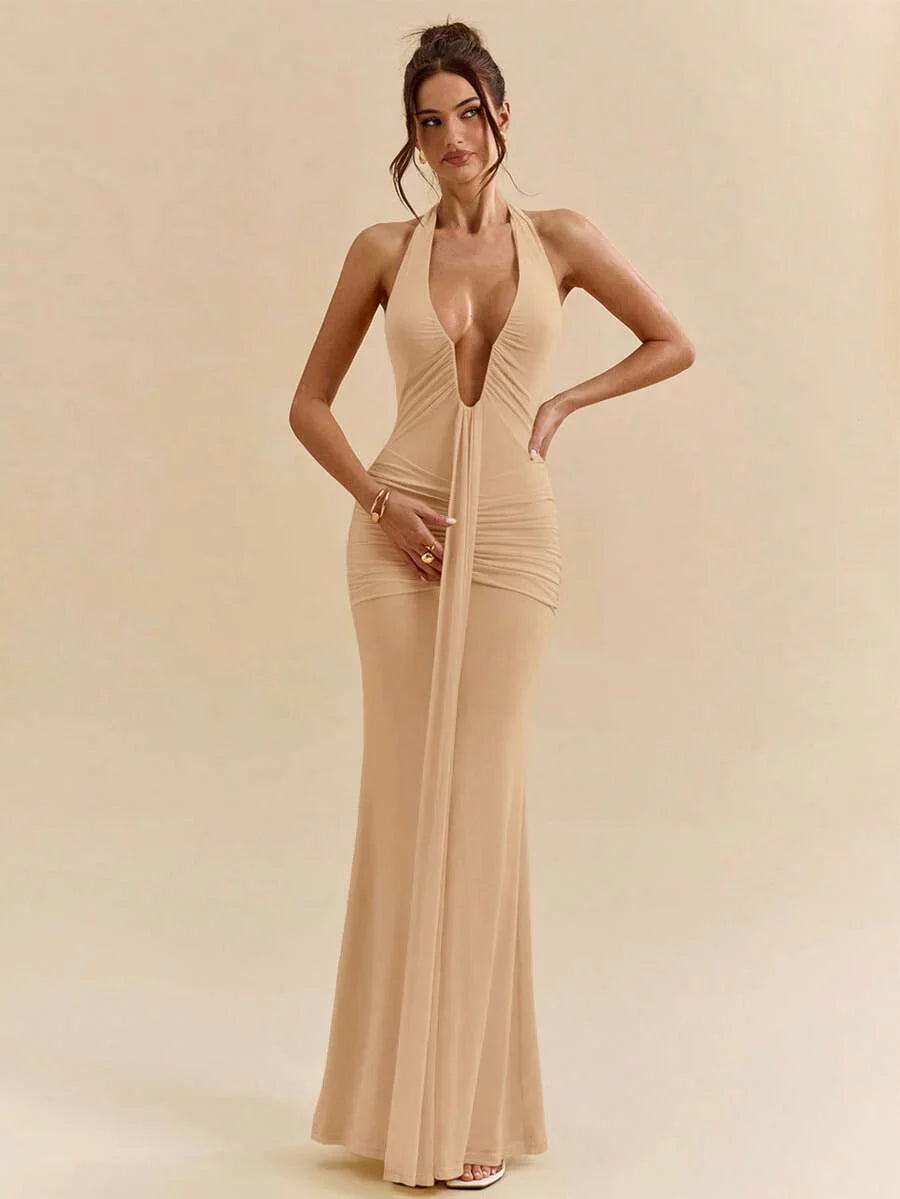 LUMÉA - Deep V Neck Halter Bodycon Maxi Dress