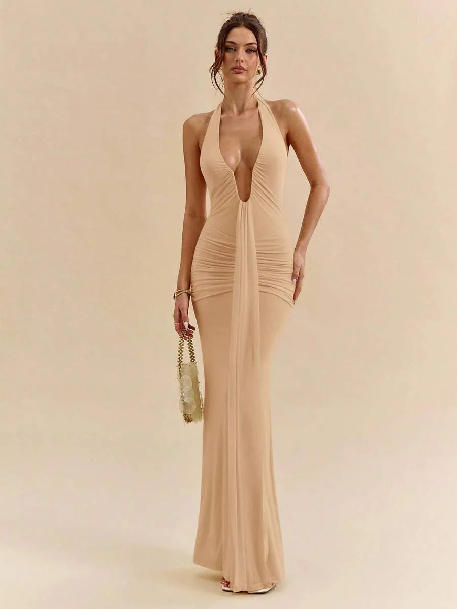 LUMÉA - Deep V Neck Halter Bodycon Maxi Dress