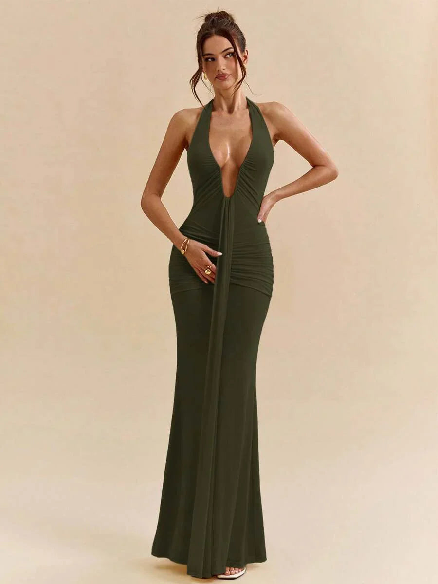 LUMÉA - Deep V Neck Halter Bodycon Maxi Dress