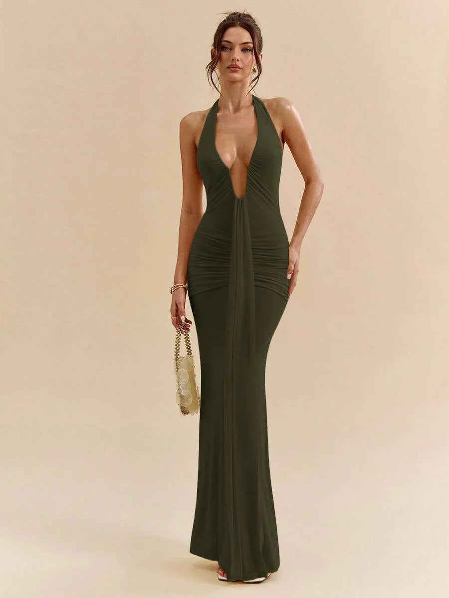 LUMÉA - Deep V Neck Halter Bodycon Maxi Dress