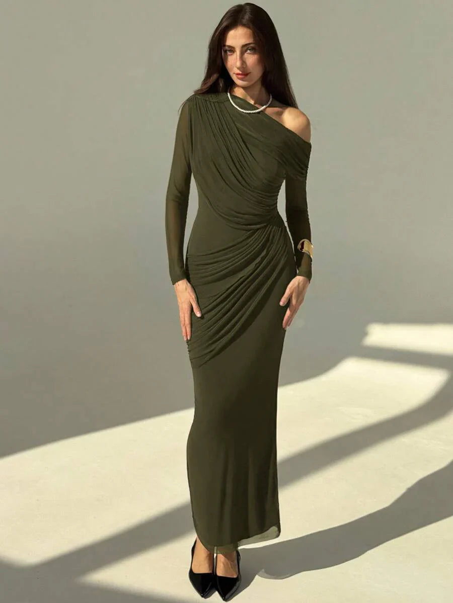 OLVRA - One Shoulder Ruched Mesh Bodycon Maxi Dress Olive Green